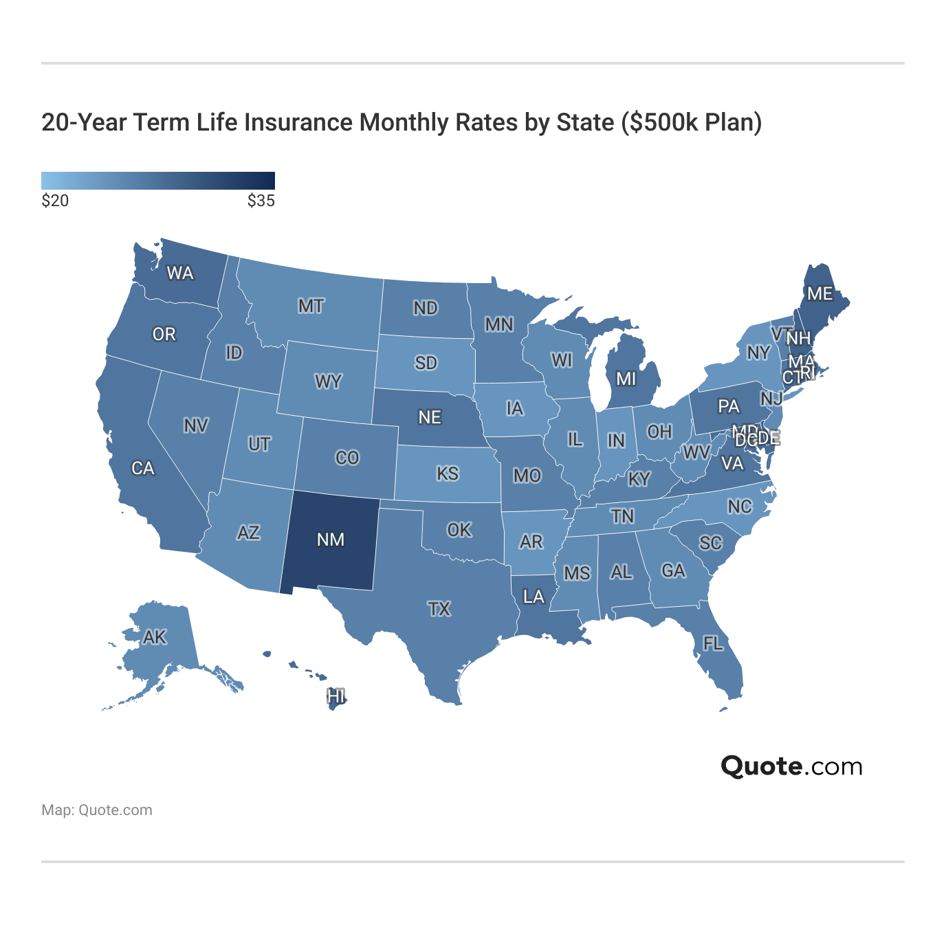 <h3>20-Year Term Life Insurance Monthly Rates by State ($500k Plan)</h3>  <h3>20-Year Term Life Insurance Monthly Rates by State ($500k Plan)</h3>